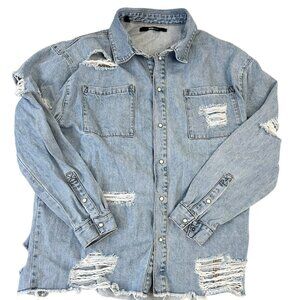 Fashion Nova NovaMen Denim Jacket Size Large Destroyed Distressed Light Wash